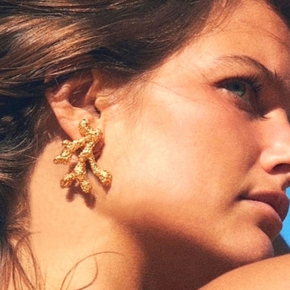 Gold coral statement earrings ocean inspired; nwot